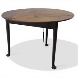 18th century oak folding cricket table, triangular top with three hinged demi-lune leaves,...