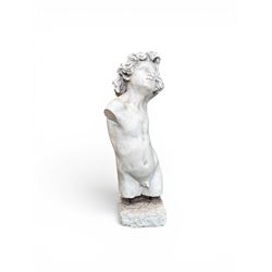 Early 20th century sculptured painted plaster figure of a boys torso, raised on 'stone' plinth