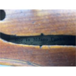 Mid-19th century German violin with 36cm two-piece maple back and ribs and spruce top, bears label 'Riccardo Antoniazzi Cremonese fece in Milano l'anno 1896' L59.5cm overall; in walnut case with two part bows