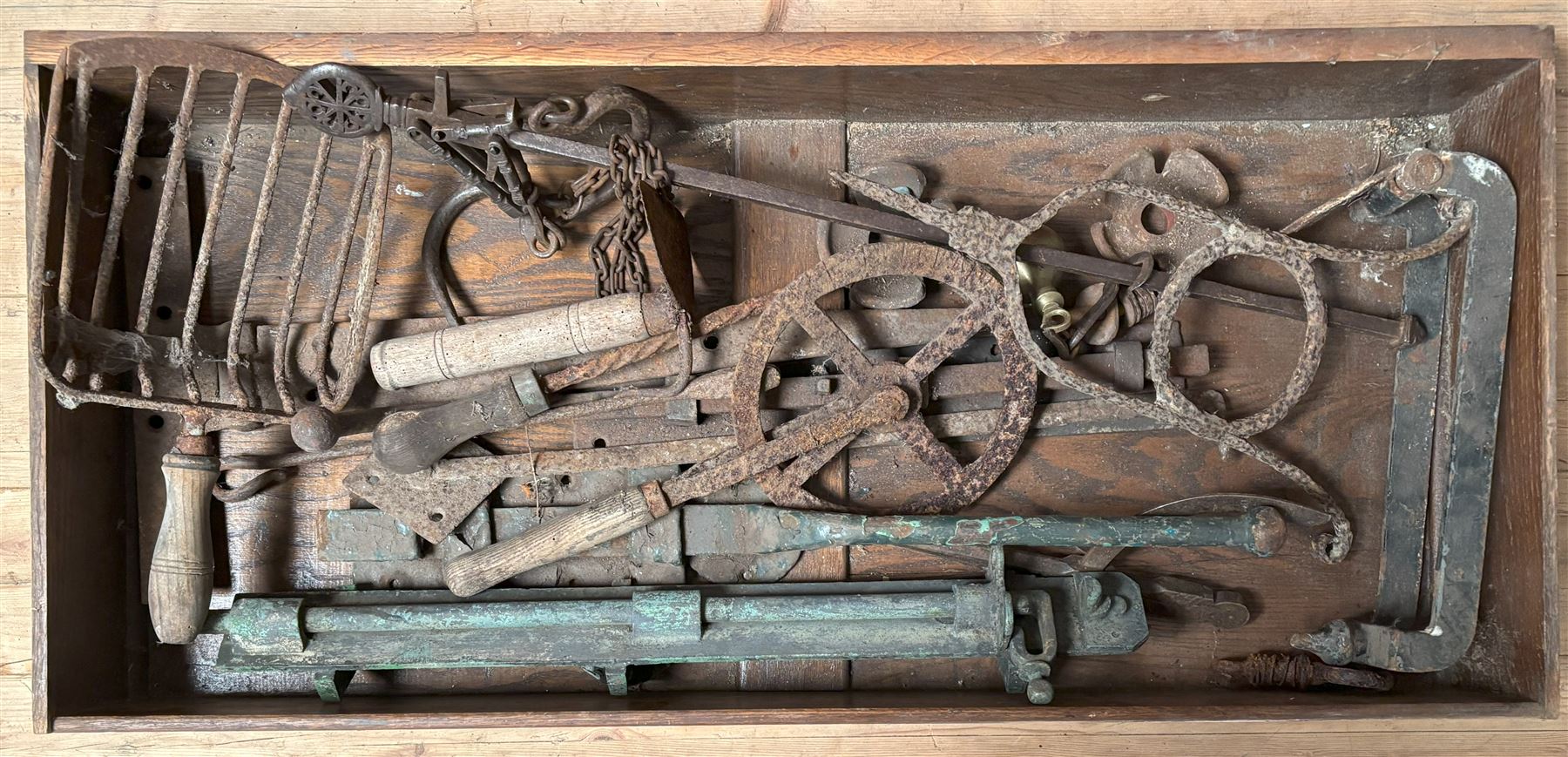 Collection of early metalwork, to include horses gag, barn door drop bolts, steel yard, etc.  - COLLECTION BY APPOINTMENT FROM: The White House, Thirsk Road, Easingwold, York, YO61 3NF - CALL 01723 507111 TO ARRANGE