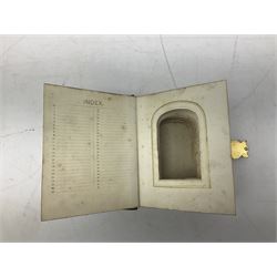 Victorian mother of pearl and abalone mounted photograph album, with gilt metal clasp, opening to reveal vacant apertures, H15cm L12.5cm D5cm 