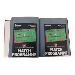 Comprehensive collection of approximately one-hundred and ninety Scarborough FC football programmes for the 1979/80, 1980/81 and 1981/82, 1982/83 seasons, all filed within eight dedicated Scarborough FC red Home and Away binders