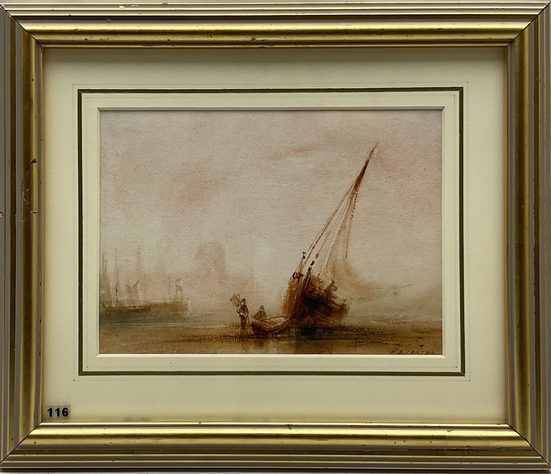 Henry Barlow Carter (British 1804-1868): Fishing Boat on the Beach at Low Tide 'Peel Castle Isle of Man', watercolour signed, titled verso 12cm x 16.5cm 
Provenance: part of a large North Yorkshire single owner life time collection of H B & J N Carter watercolours; with Abbott & Holder, Museum St., London, label verso