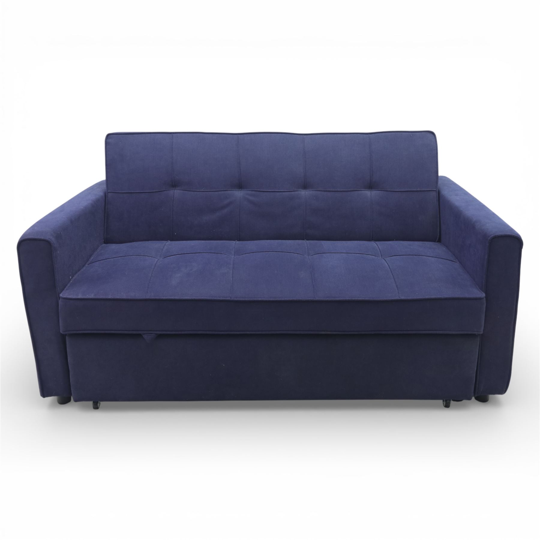 Modern two seat sofa bed upholstered in navy fabric, the rectangular back and seat divided into stitched square panels, with integrated button detailing, straight padded arms of square section, the seat back lowering and extending drawer base to form a sleeping platform