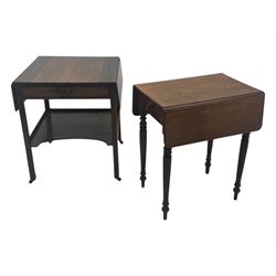 Georgian design mahogany drop-leaf table, rectangular top above a single drawer with brass handle, square supports united by arched undertier, on brass castors (W62cm, D65cm, H72cm); and a smaller mahogany drop-leaf table with single drawer on turned supports (W43cm, D61cm, H72cm)