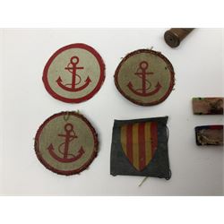 WW1 Short & Mason Ltd 'The Magnapole' black japanned brass field compass in leather carrying case; WW1 trench art paper knife inscribed Dixmude; and small quantity of cloth badges etc