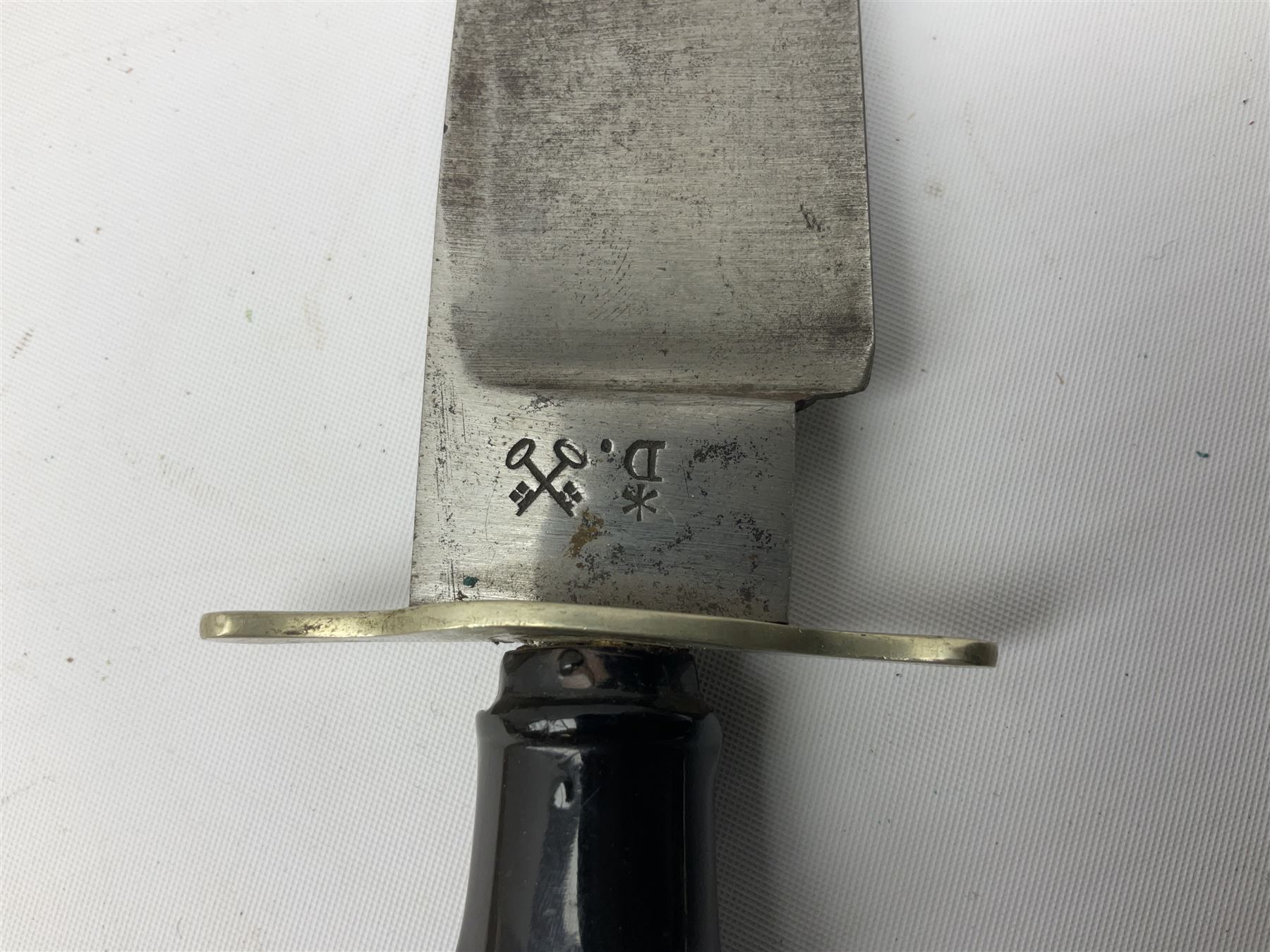 Hunting knife by J Nowill & Sons, Sheffield, the handle inset with mother of pearl, blade length 19cm; George Wolstenholme IXL lock-knife with antler scales L29cm open; and another Bowie style hunting knife marked 'V.R. Warranted Sheffield Joseph Ellis & Sons' in leather sheath (3)