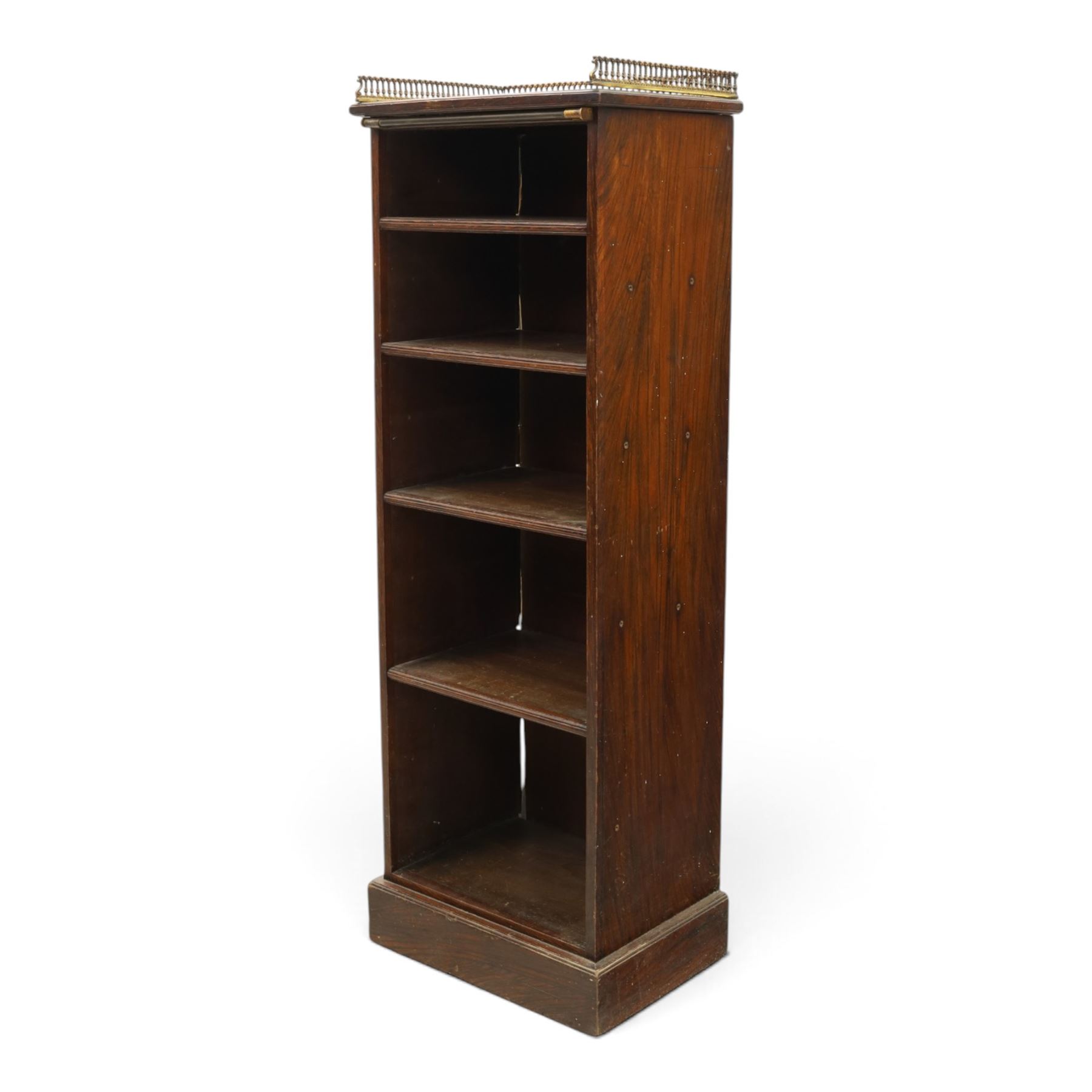 Victorian rosewood bookcase, pierced brass three quarter gallery, with four graduating shelves, raised on a plinth base 