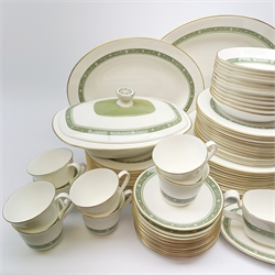 Royal Doulton Rondelay pattern dinner and tea wares, comprising twelve dinner plates, twelve salad plates, thirteen dessert plates, fifteen side plates, twelve bowls, gravy boat and stand, two oval serving platters, two tureen and covers, a sandwich plate, teapot, coffee pot, eleven teacups and twelve saucers, six coffee cans and six saucers, milk jug, cream jug, open sucrier, and sucrier and cover. 