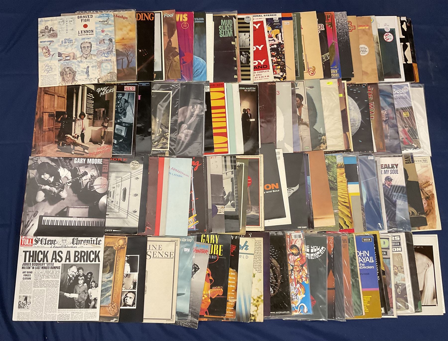 Quantity of vinyl records including Gary Moore 'Victims Of The Future', 'After Hours', 'Anthology', John Martyn 'Glorious Fool', 'Sunday's Child', 'Grace & Danger', Jeff Healey 'Heal My Soul' and other music, approximately 100, in one box