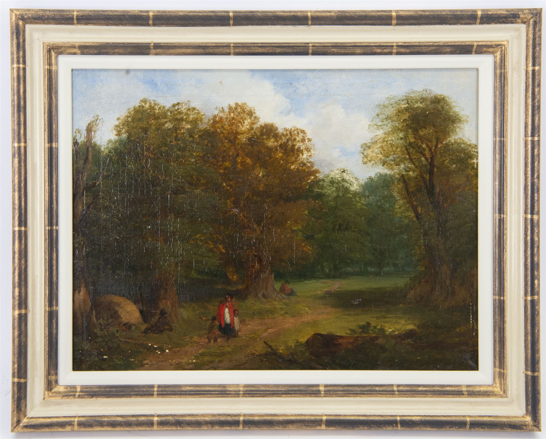 Attrib. Frederick Richard Lee RA (British 1798-1879): Figures on a Woodland Path, oil on canvas unsigned, later attribution on label verso 33cm x 45cm