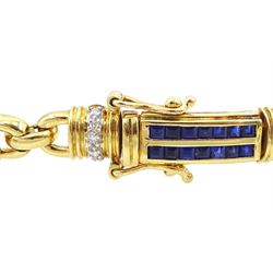 18ct gold sapphire and diamond bracelet, each link set with two rows of rectangular step cut sapphires, with pave set diamonds either side, stamped, total diamond weight 0.40 carat, total sapphire weight 2.50 carat, with World Gemological Institute report