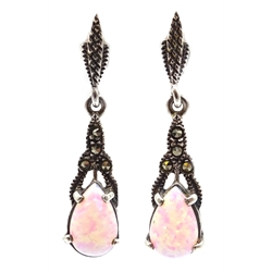  Pair of opal and marcasite pendant earrings, stamped 925  