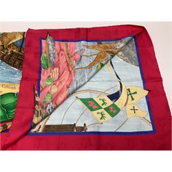 Hermès 'Christophe Colomb Découvre l'Amérique' jacquard silk scarf, designed by Carl de Parcevaux in 1992, limited edition for the bi-centenary of the discovery of America, printed with a central image of Christopher Columbus' ship at sea, surrounded with colourful stylised feathers, birds, flags, globes, shells and flowers, contained within vibrant red border, with rolled hand stitched edges and Hermes material label, 87cm square