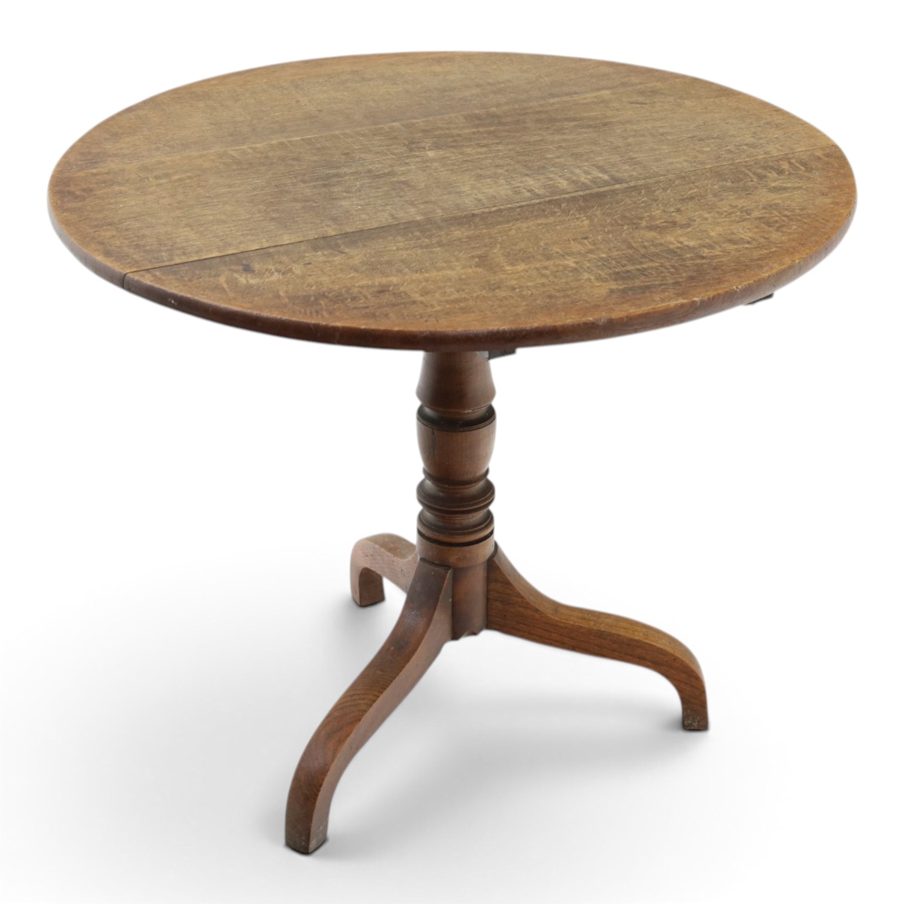 George III country oak tilt-top tripod table, circular snap-top on turned vasiform pedestal with three splayed supports