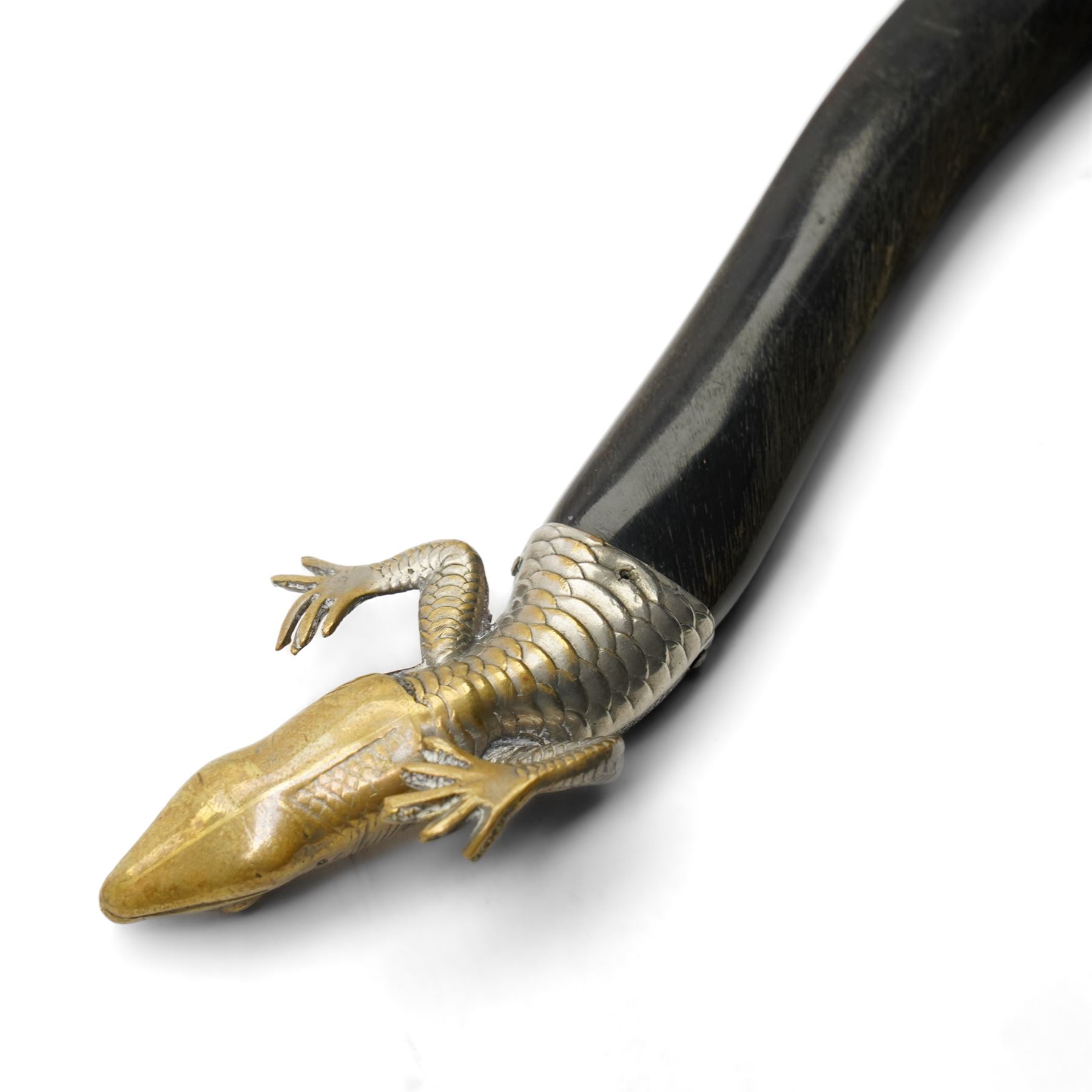 Brass and horn novelty letter opener, or paper knife, formed as a lizard with glass eyes, L25cm