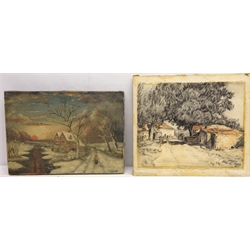  Coastal Landscape, oil on board signed A J Henderson, Walking in the Snow, 19th century oil on  canvas signed D H Dickens, Lady Walking Around the Farm, overpainted print and four other pictures max 46cm x 62cm (7)  