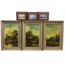 A L (Continental 20th century): Riverside Cottages, set three oils on board signed and dated '70, housed in heavy frames together with three small prints max 49cm x 28cm (6)