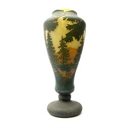Reproduction Daum Nancy art nouveau  style overlay and cut glass vase in ovoid form with a circular base, decorated with woodland and mountain scene, H38.5cm. 