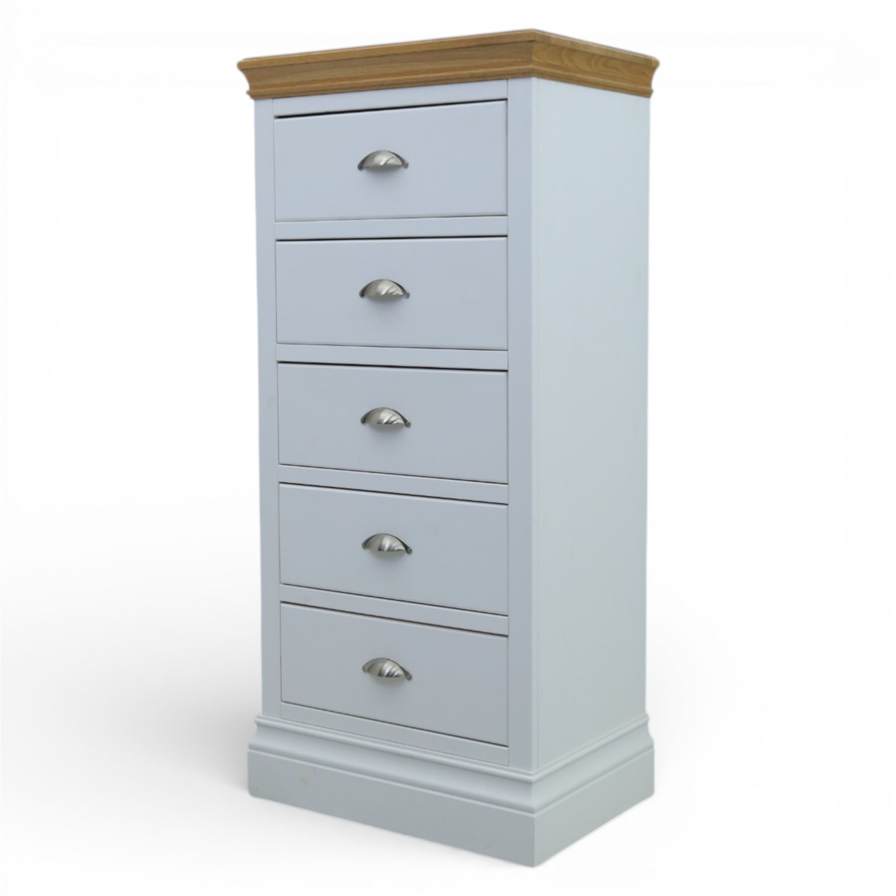 Modern narrow chest of five drawers in white finish with oak moulded top, with metal cup handles raised on a moulded plinth base