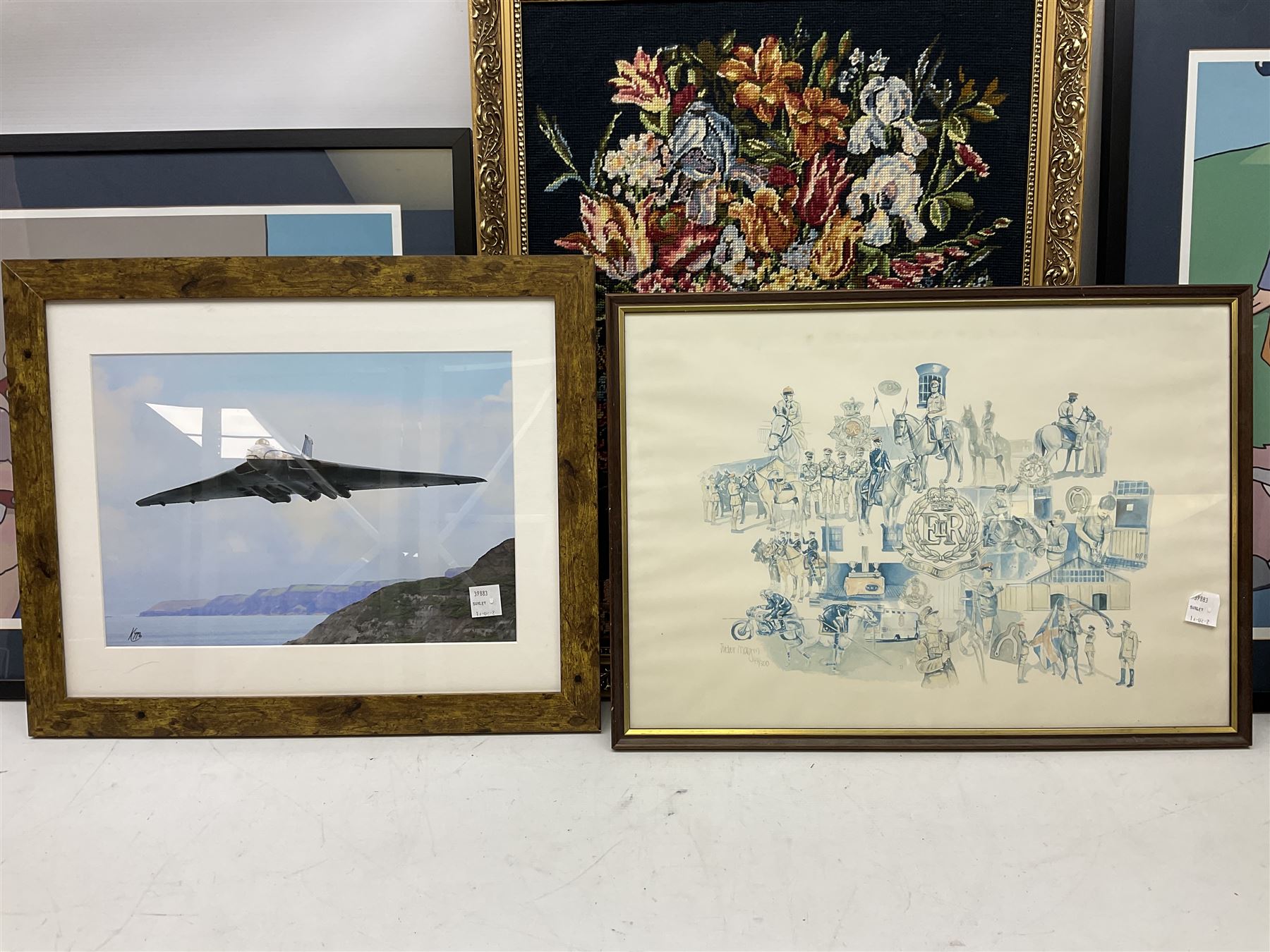 After Pete McKee (British 1966-): Picnic and Going to the Beach, pair colour prints 56cm x 42cm together with cartoon of dogs and five other prints and originals including caricature watercolour of 'Top Tec' (8)