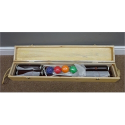  Garden games - 'Traditional Garden Games' croquet set in wooden box, garden tumbling tower, garden dominoes, wooden skittles, bagged croquet set, boxed French boule, two bagged boule sets, rounders set, two 'Garden golf drivers' and jumbo dominoes  