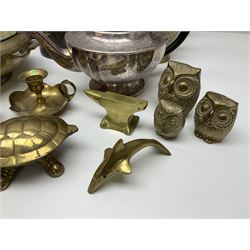 Collection of brassware, to include, kettles, jugs, owl figures etc