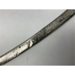 19th century Russian Imperial Navy sword, with 77.5cm curving fullered blade, brass three-bar hilt with lozenge shaped langets and wire-bound leather grip; in polished steel scabbard with one suspension ring L97cm overall