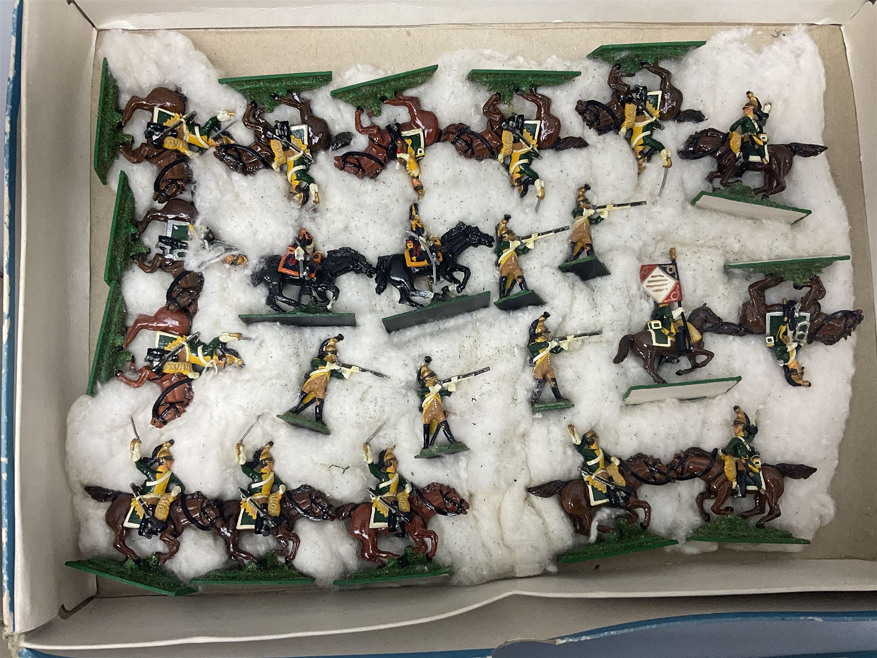 Painted metal wargame figures - over two hundred Lancers, Chasseurs, Dragoons, Cuirassiers, Carabiners, Imperial Guard, Bavarians, Line and Light Infantry etc; individual figures and ranks of two, three and four; average size 25mm