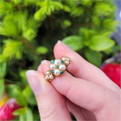 19th / early 20th century 18ct gold emerald and pearl flower head cluster ring, with pearl set shoulders and engraved foliate shank