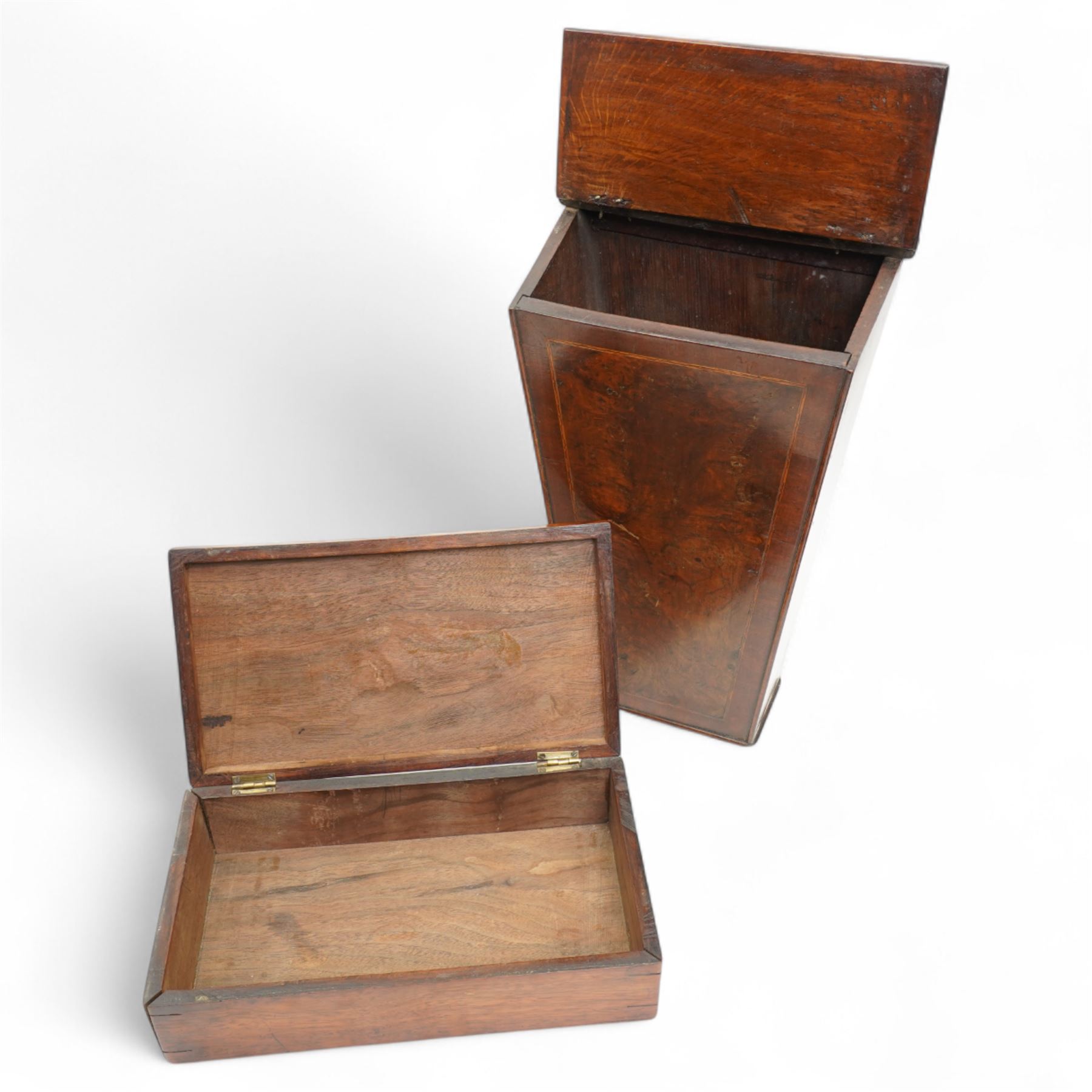 Georgian walnut hanging candle box, H43cm W21cm; together with a mahogany box W26cm D15cm and a Ludland silver plate canteen of cutlery