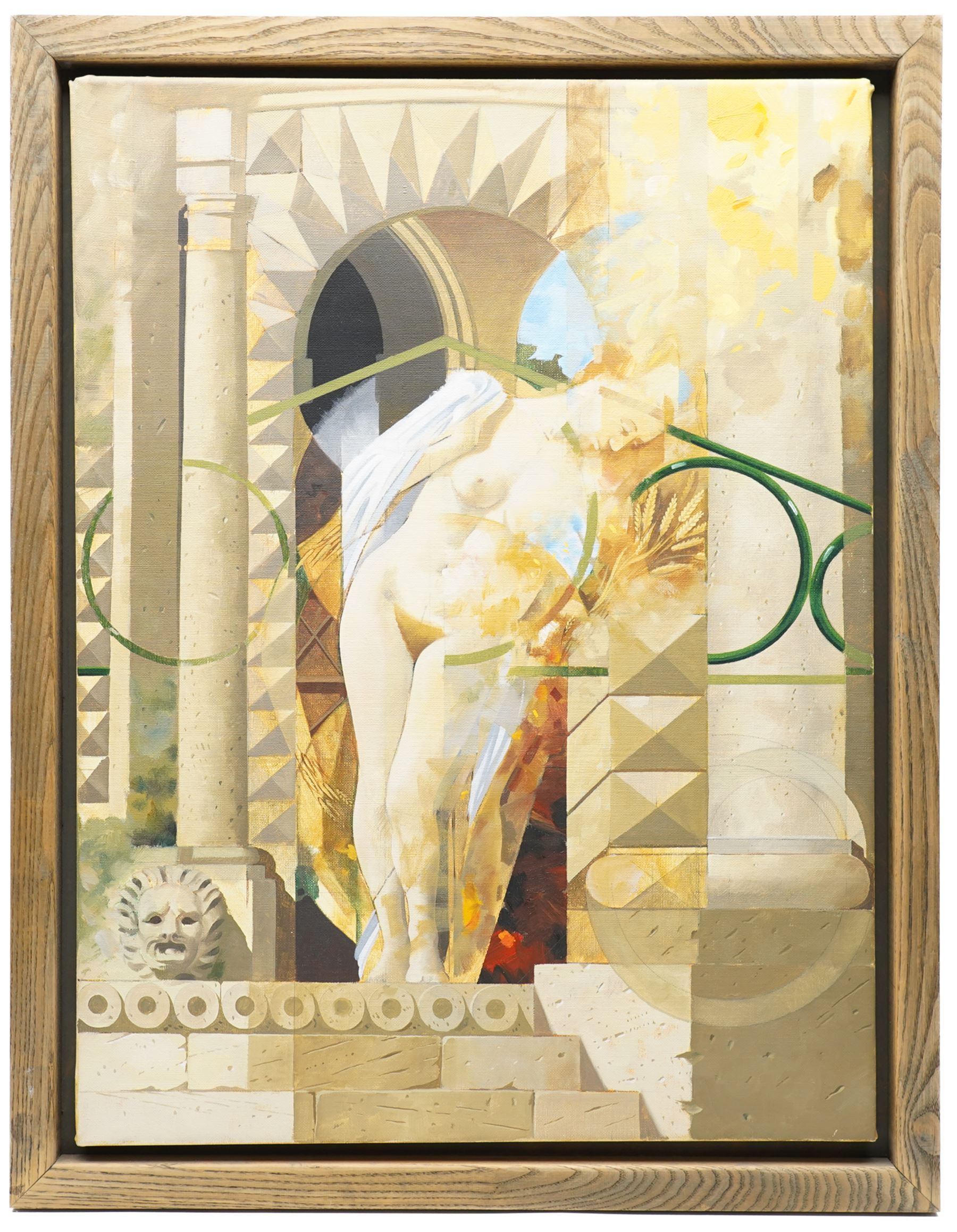 Swedish Surreal School (Mid-Century): Neoclassical Composition of a Female Nude in a Greek Temple Pronaos (Entrance), oil on canvas unsigned 61cm x 46cm
