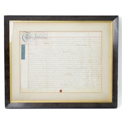 18th century Indenture between Thomas Hyde, citizen and fishmonger of London and Tobias Hodgson, citizen and joiner of London 1751, framed 56cm x 68cm and a 19th century lease regarding property in Soho 1834 (2)