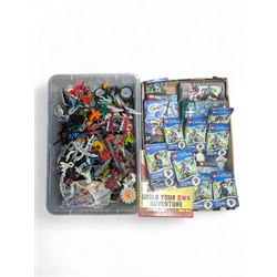 Lego Bionicle and similar part built figures and parts, including boxed sets and loose, together with a Lego Ninjago Build Your Own Adventure set and ten LEDlite Legends of Chima keyrings
