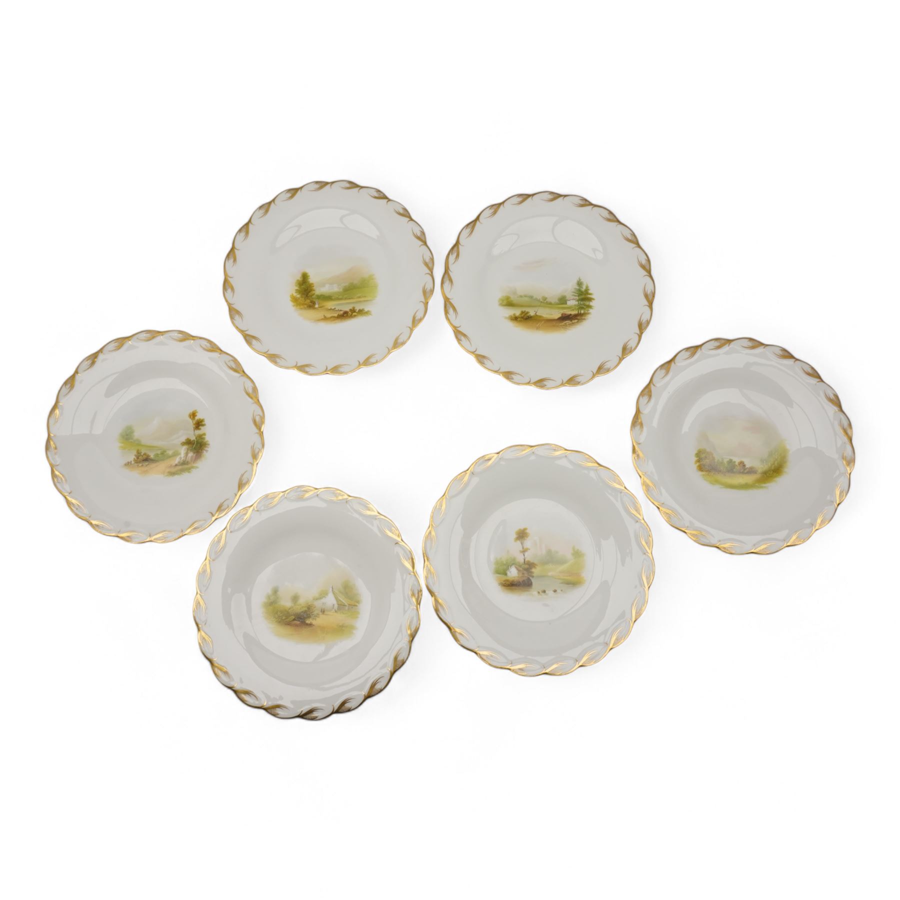 Set of six Victorian porcelain plates, each hand painted with rural landscapes, within scallop egde borders, pattern no. 122 and impressed Rd. marks, D22.5cm (6)