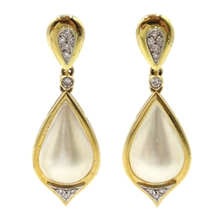  Pair of gold pear shaped pearl and diamond pendant earrings, stamped K18  