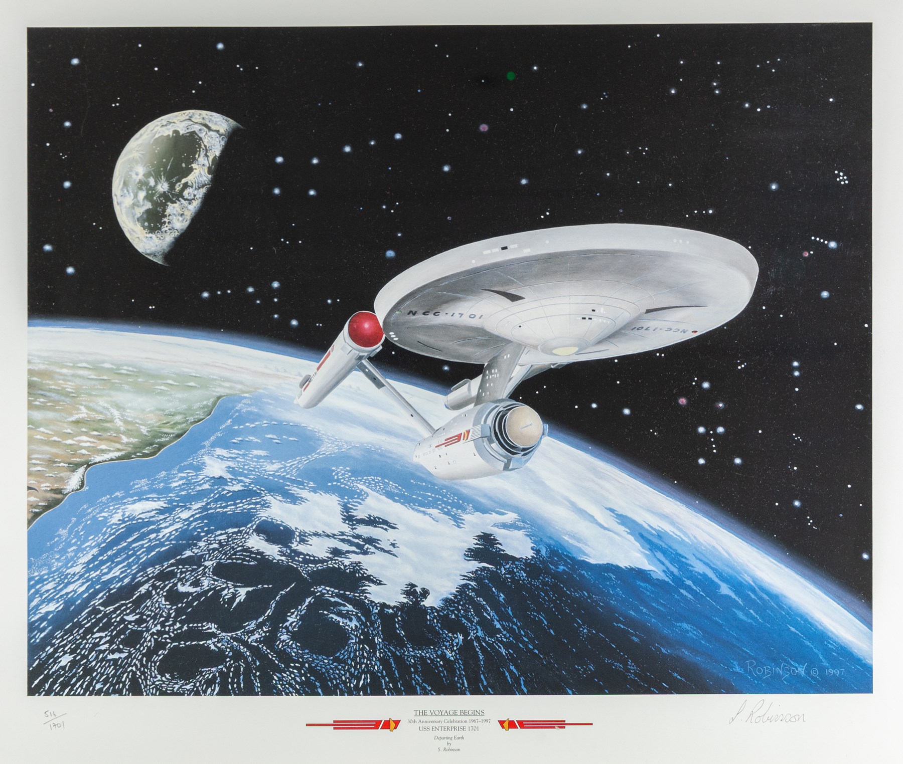 Limited edition Star Wars print 'The Voyage Begins' by Stewart Robinson numbered 516/1701, framed above three signed photographs of William Shatner as Captain James T. Kirk, Leonard Nimoy as Mr Spock and The Star Trek Legendary Four, all with certificates of authenticity verso, frame H109cm, W90cm