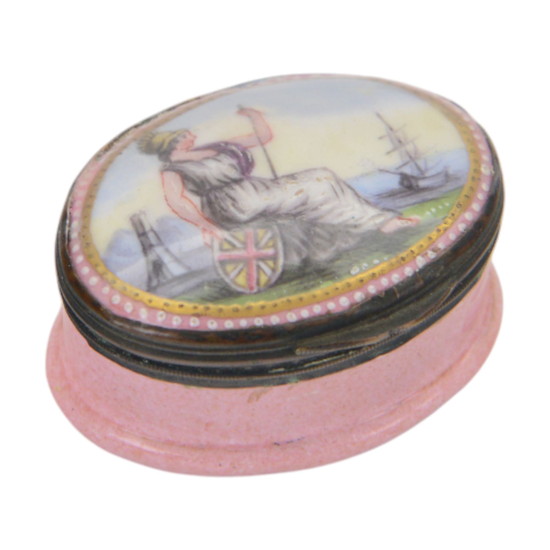 19th century Bilston enamel snuff box, of oval form, the hinged cover decorated with Britannia, H5cm  