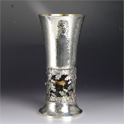 Modern limited edition silver goblet, 'by order of The New Forest of Ninth Centenary Trust this goblet has been produced to mark the 900th anniversary of the Forest in 1979' designed by Hector Miller for Aurum, the fluted planished bowl with gilt interior, upon a stem decorated in relief with oak leaves and acorns revealing a harse and foal to centre, limited edition no. 375, hallmarked Hector Miller, London 1980, H16.5cm, boxed