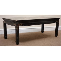  Chinese black lacquered rectangular coffee table, four square supports, W107cm, H42cm, D51cm   