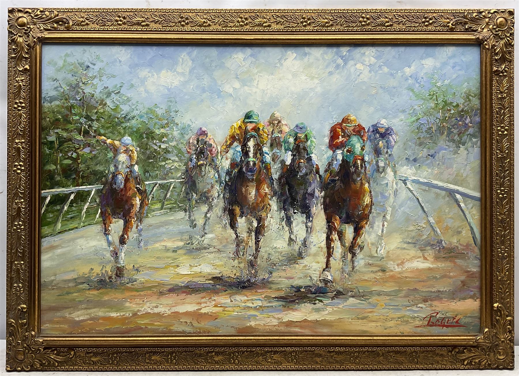 Impressionist School after LeRoy Neiman (American 1921-2012): Racing Horses, oil on board signed 'Rogers', 60cm x 90cm