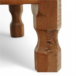 Squirrelman - oak six panel blanket box, on octagonal feet, squirrelman carving on the feet by Wilfred Hutchinson, Husthwaite, Thirsk