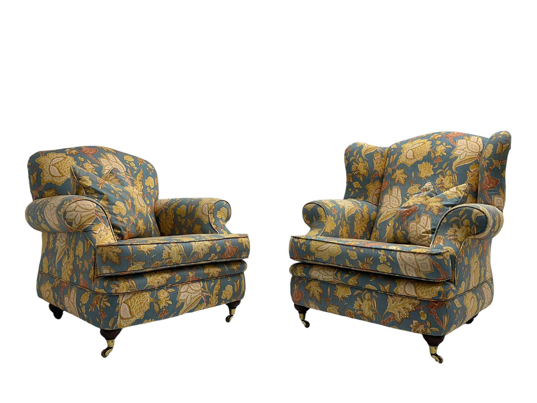 Lincoln House - two seat sofa (W170cm), wingback armchair (W94cm), and armchair (W90cm), upholstered in blue ground fabric with floral pattern