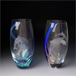 Mats Jonasson Signature Collection glass dolphin, two Caithness glass vases with dolphin decoration, Bohemia glass dolphin, Swarovski dolphin and other dolphin items