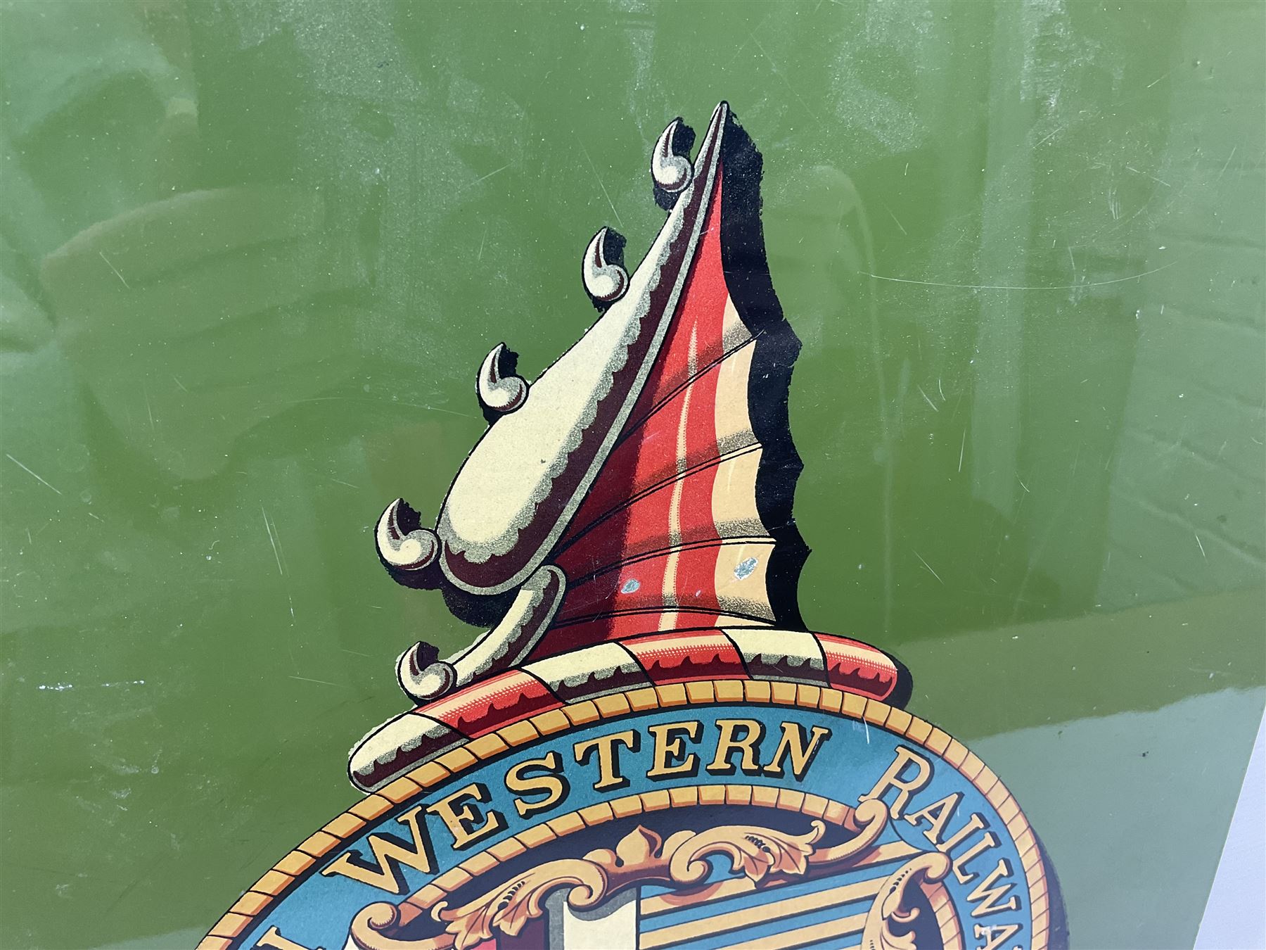London & South Western Railway Company reproduction sign, upon a green ground, H51cm, W36cm
