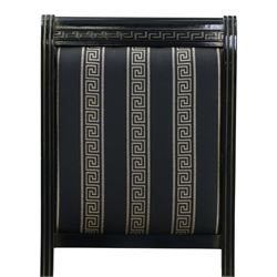Italian Neoclassical inspired ebonised gloss dining table with four matching chairs,  circular top with additional leaf (Extends to  145cm) with Greek key banding, on a shaped pedestal base with gilt highlights and stepped plinth, the chairs en suite with padded back and seat with Greek key, reeded front supports
