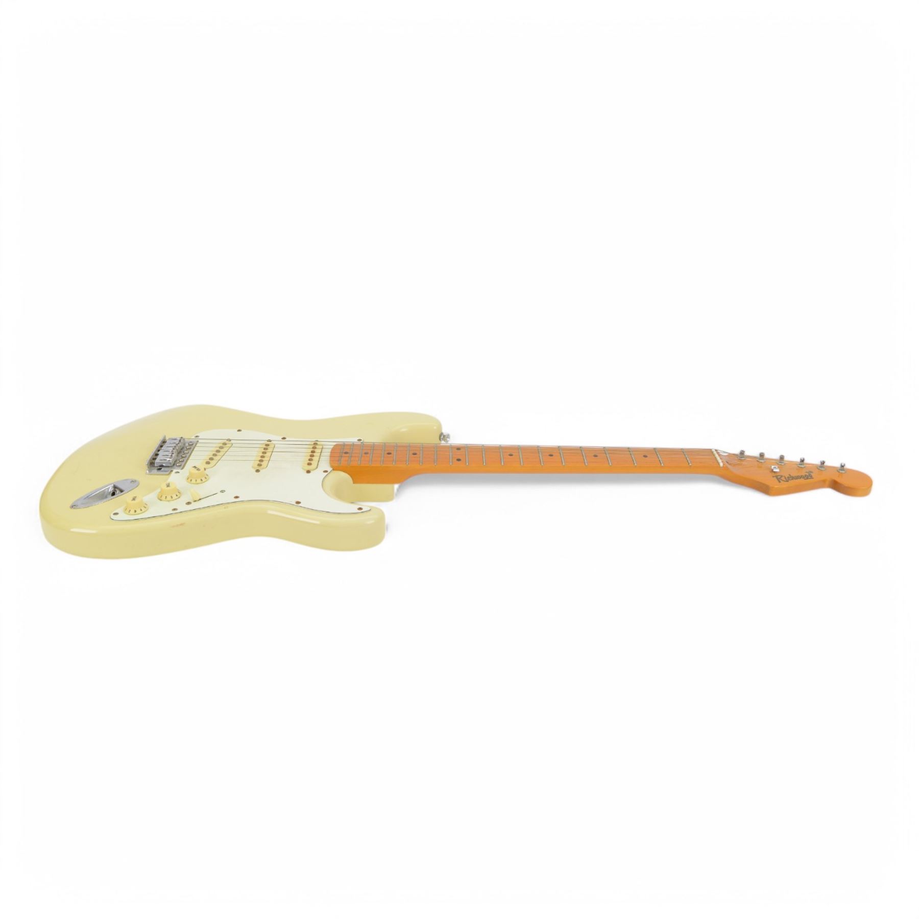Two Richwood electric guitars, comprising Stratocaster style with cream body and Telecaster style with red metallic finish, L99cm