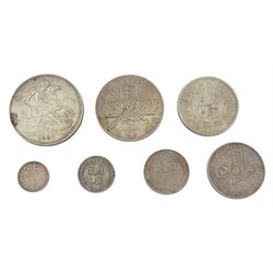 Seven Queen Victoria coins, all dated 1887, comprising threepence, sixpence, shilling, florin, half crown, double florin and crown