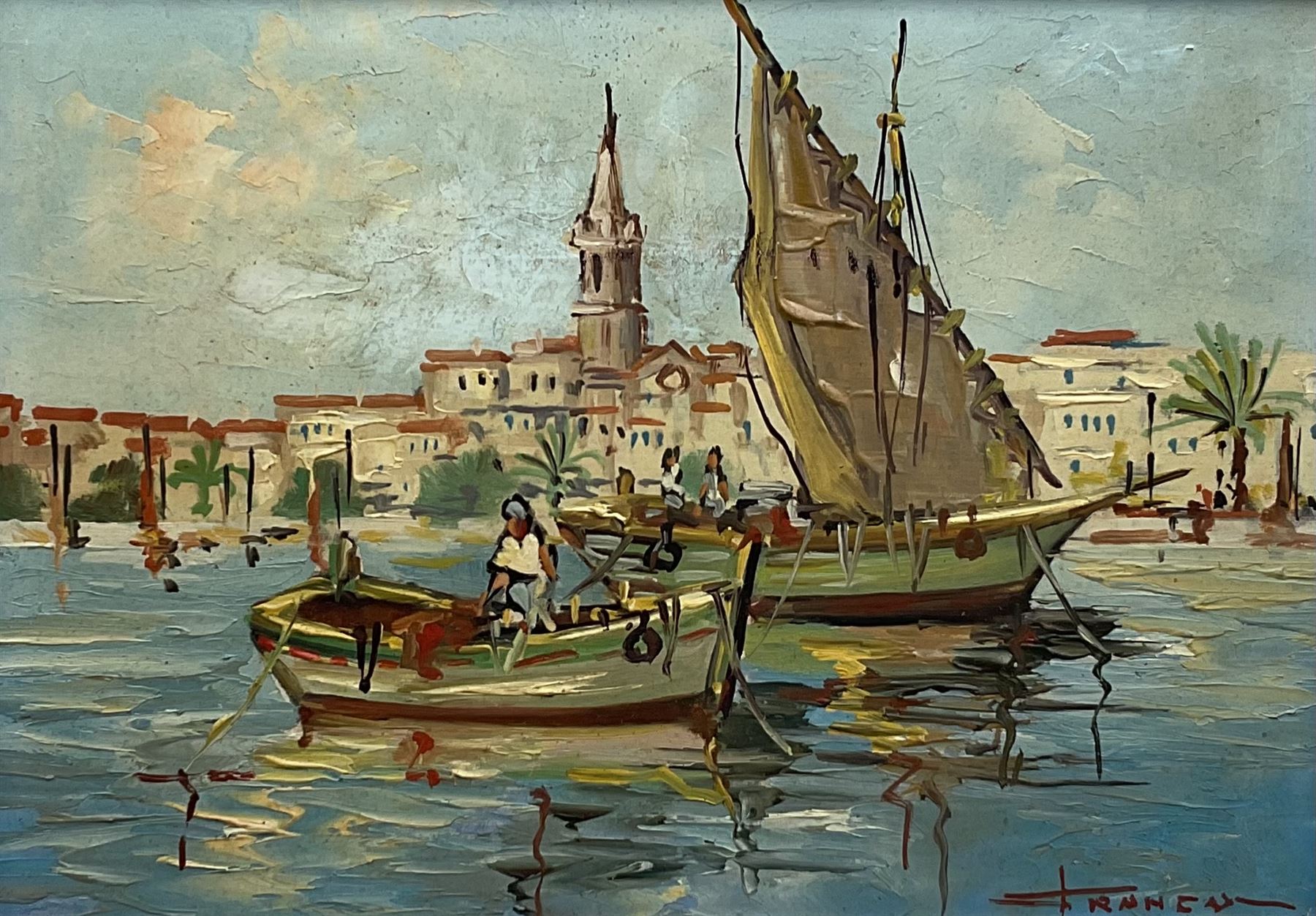 Bernard Franco (French 20th century): 'San Remo (Sanremo)' Italy, oil on board signed, labelled verso and gold medal winner 14.5cm x 21cm