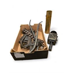Heavy horse hames, carriage lantern and a brass WWI shell case 